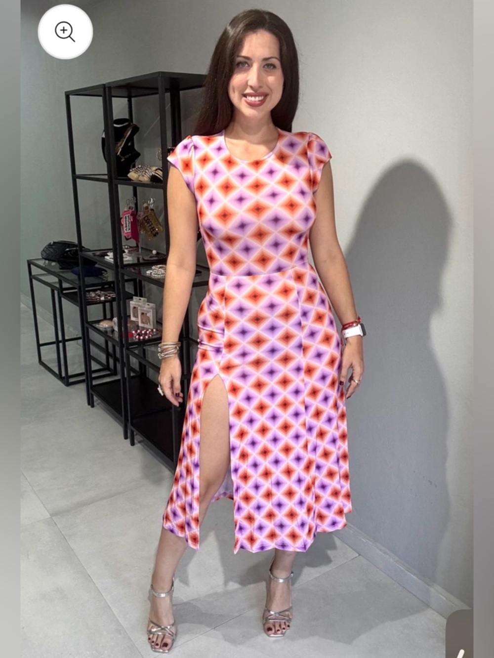 Olivaceous Pink & Orange Geometric Midi Dress with Side Slit